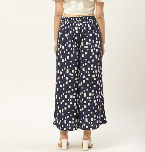 Women Navy Blue & White Printed Wide Leg Cropped Palazzos